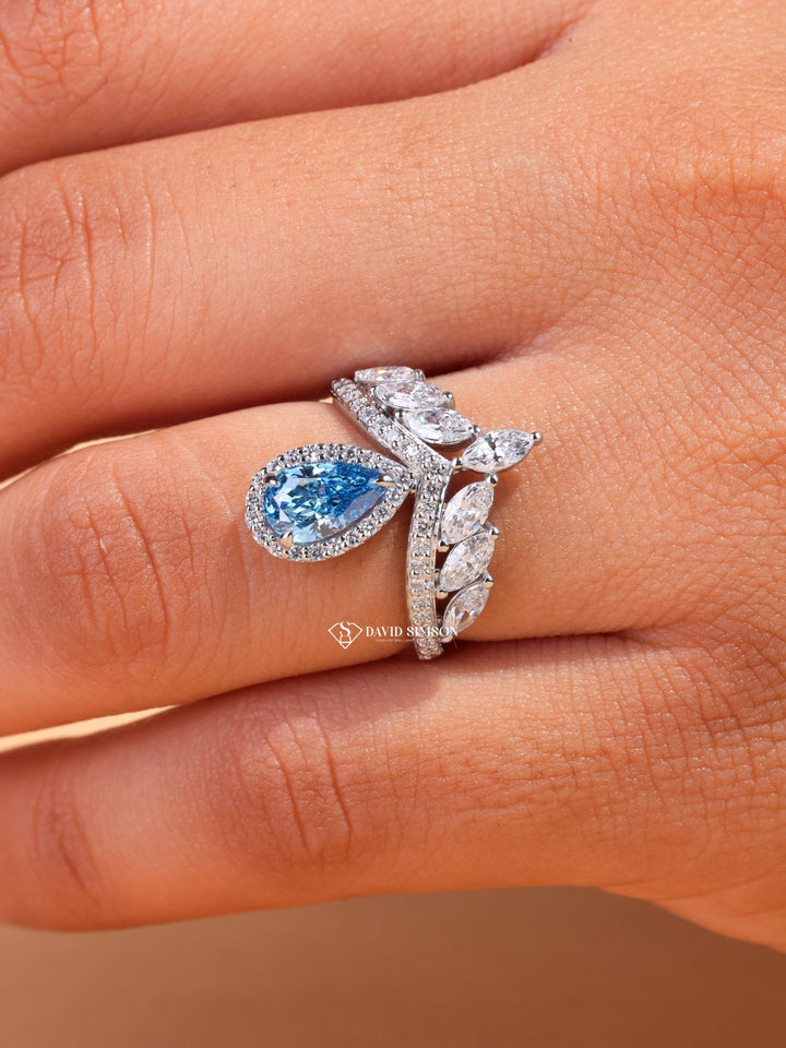 1.0CT-2.0CT Blue Pear Cut Diamond Chevron Engagement Ring