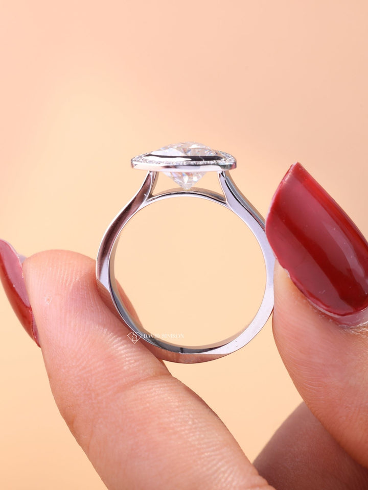 1.0CT-2.0CT Trillian Cut Moissanite Diamond Bezel Set Halo Engagement Ring