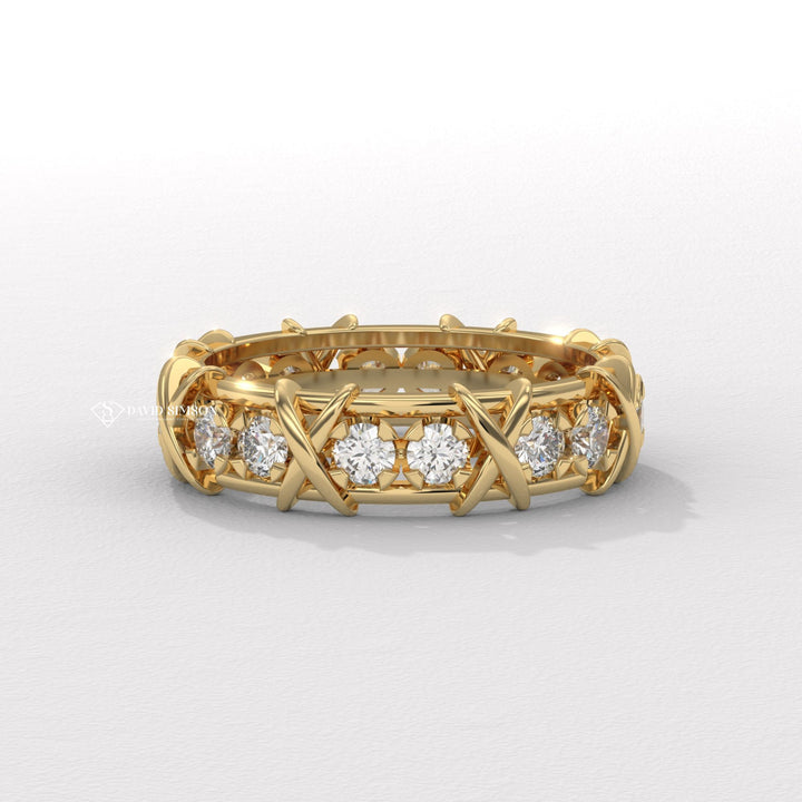 4.0mm Round Cut Moissanite Diamond Cross Style Wedding Band