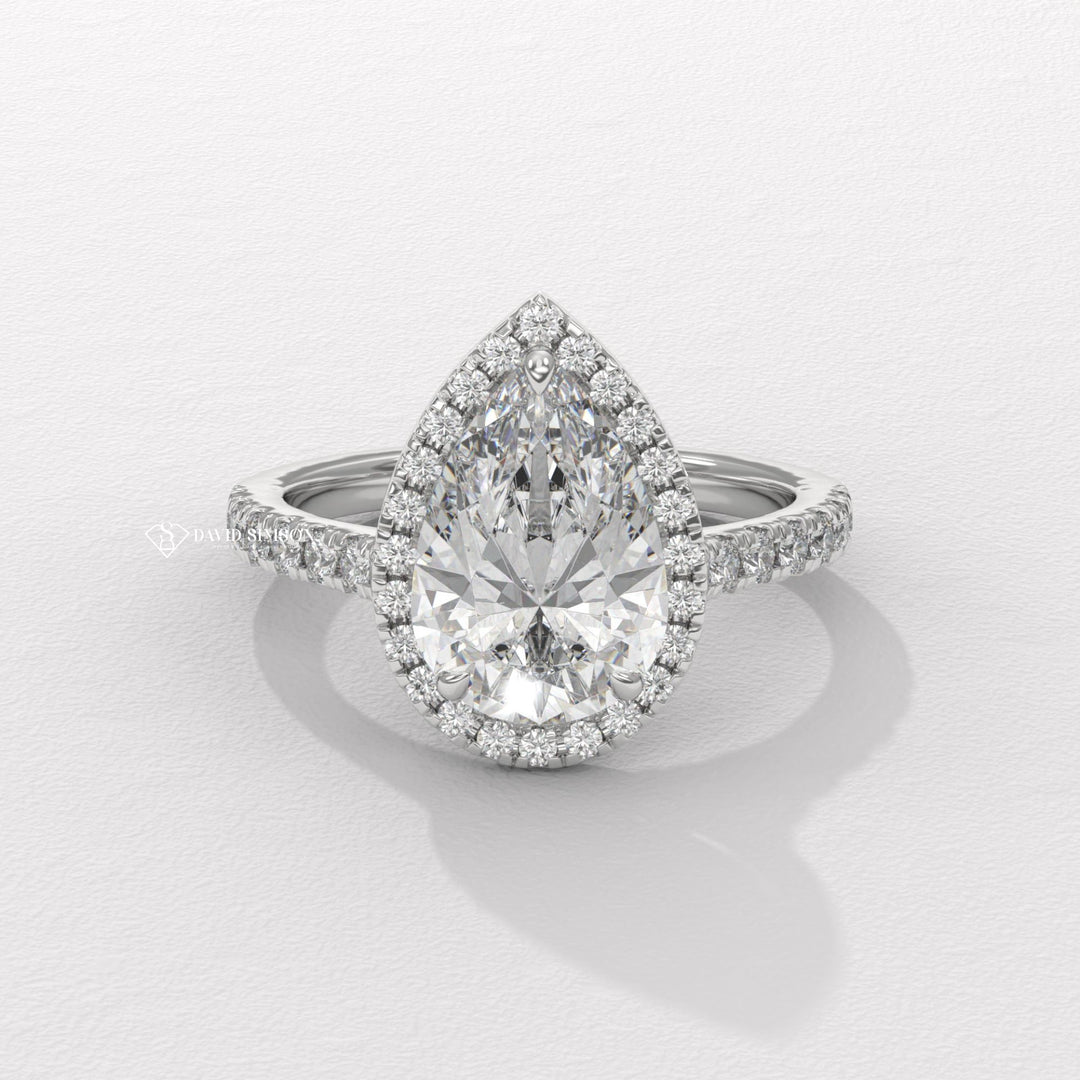 1.50CT-2.50CT Pear Moissanite Halo Diamond Bridge Set Engagement Ring