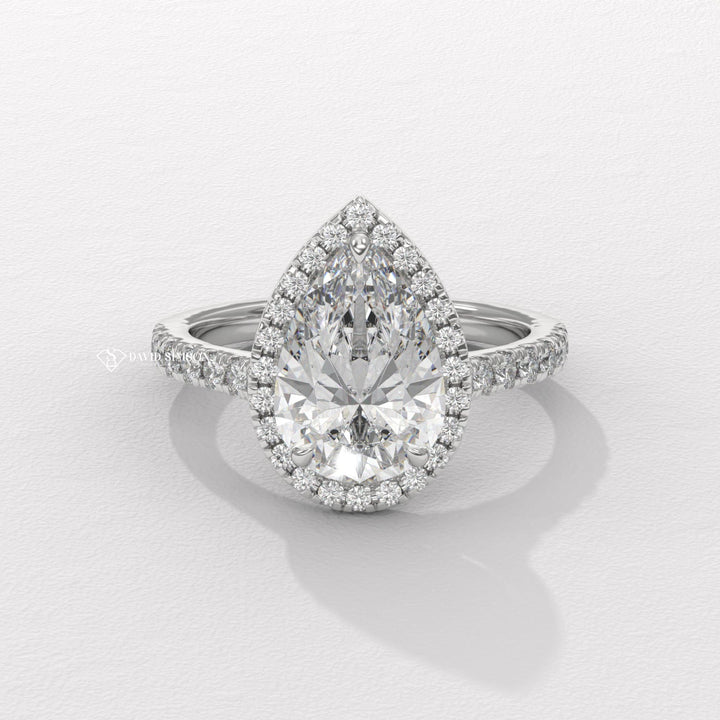 1.50CT-2.50CT Pear Moissanite Halo Diamond Bridge Set Engagement Ring