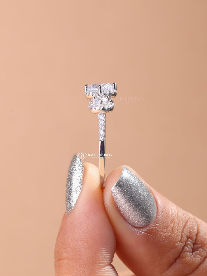 1.0CT-2.0CT Round Cut Moissanite Halo Diamond Three Stone Engagement Ring