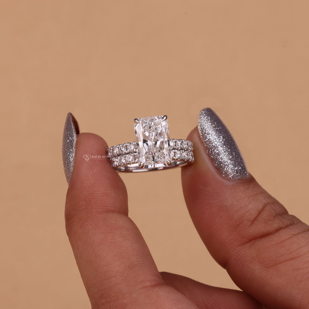 4.0CT Radiant Moissanite
Hidden Halo Engagement Ring
Eternity Wedding Band
