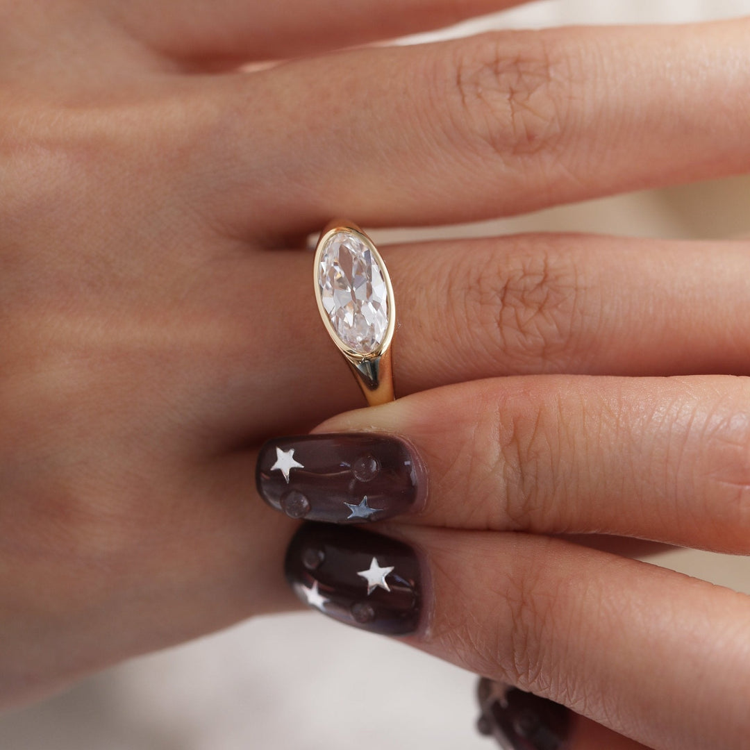 Old Mine Oval Moissanite
East West Engagement Ring
Horizontal Oval Ring
4 Carat Moissanite
