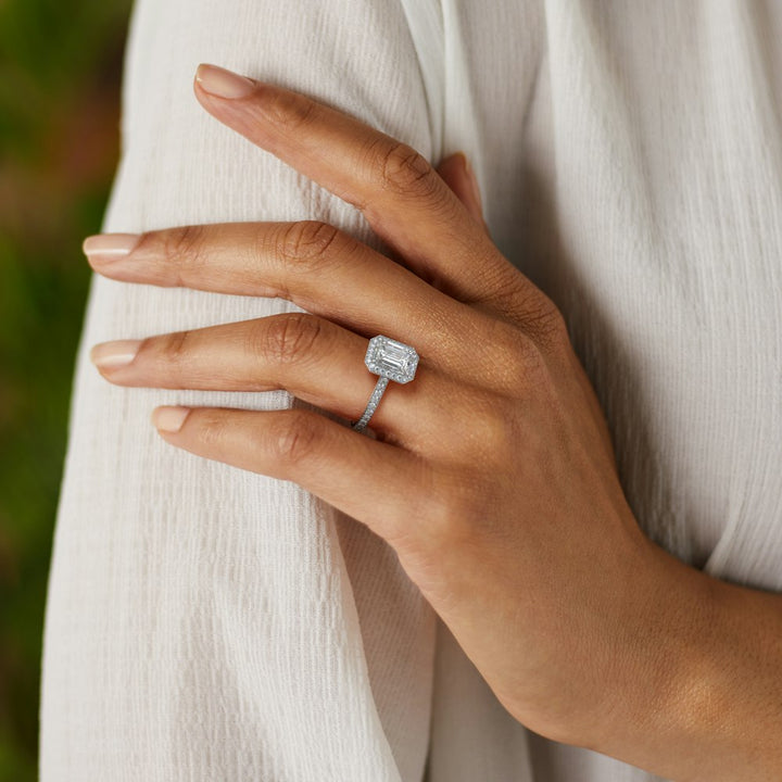 1.50CT Emerald Cut Moissanite Halo Diamond Engagement Ring