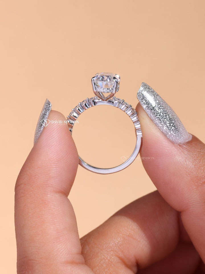2.50CT-3.50CT Oval Cut Moissanite Diamond Hidden Halo &amp; Pave Engagement Ring