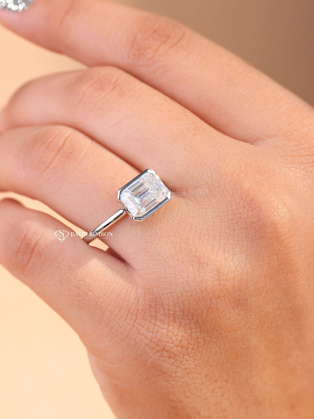 3.0CT-4.0CT East West Emerald Cut Moissanite Diamond Half Bezel Engagement Ring