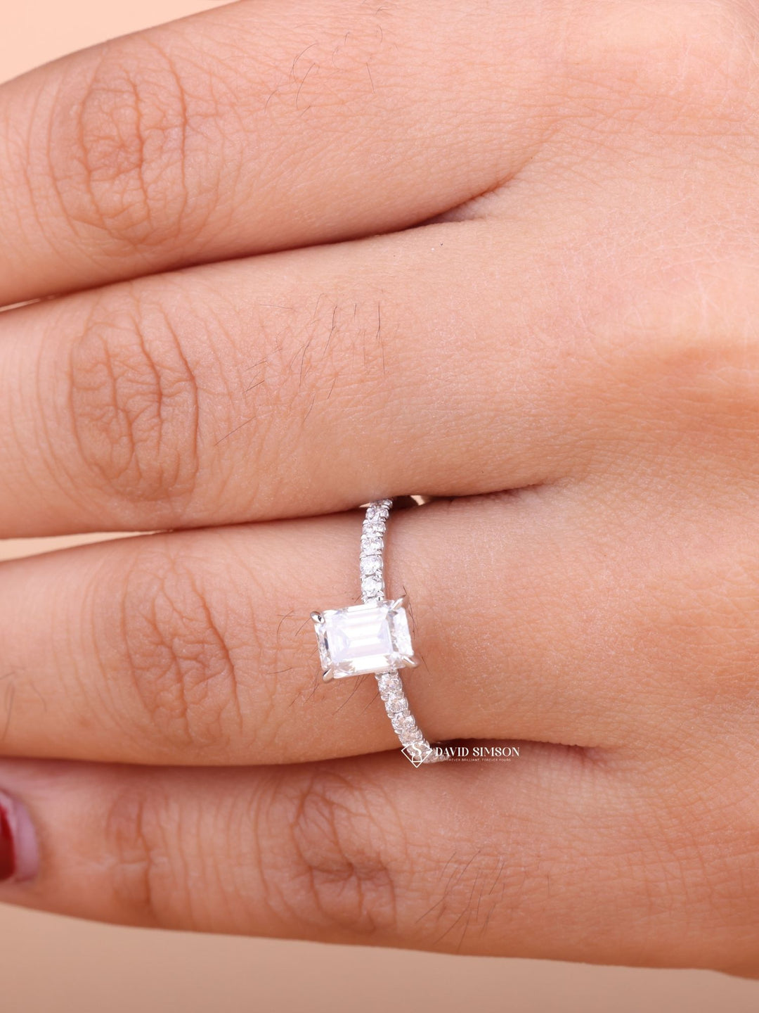 1.0CT-2.0CT Emerald Cut Moissanite Diamond Pave Engagement Ring