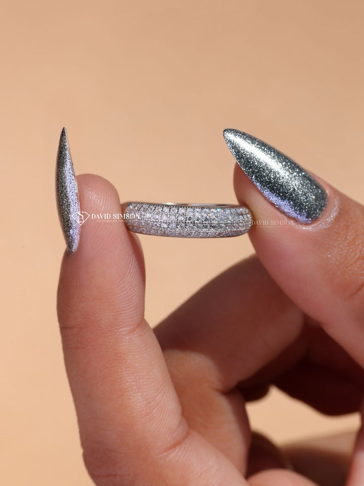 Round Cut Moissanite Half Eternity Diamond Micro Pave Wedding Band