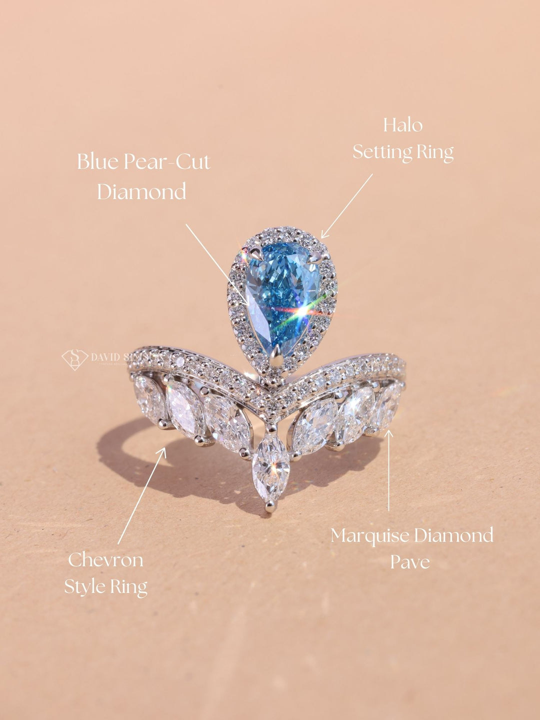 1.0CT-2.0CT Blue Pear Cut Diamond Chevron Engagement Ring