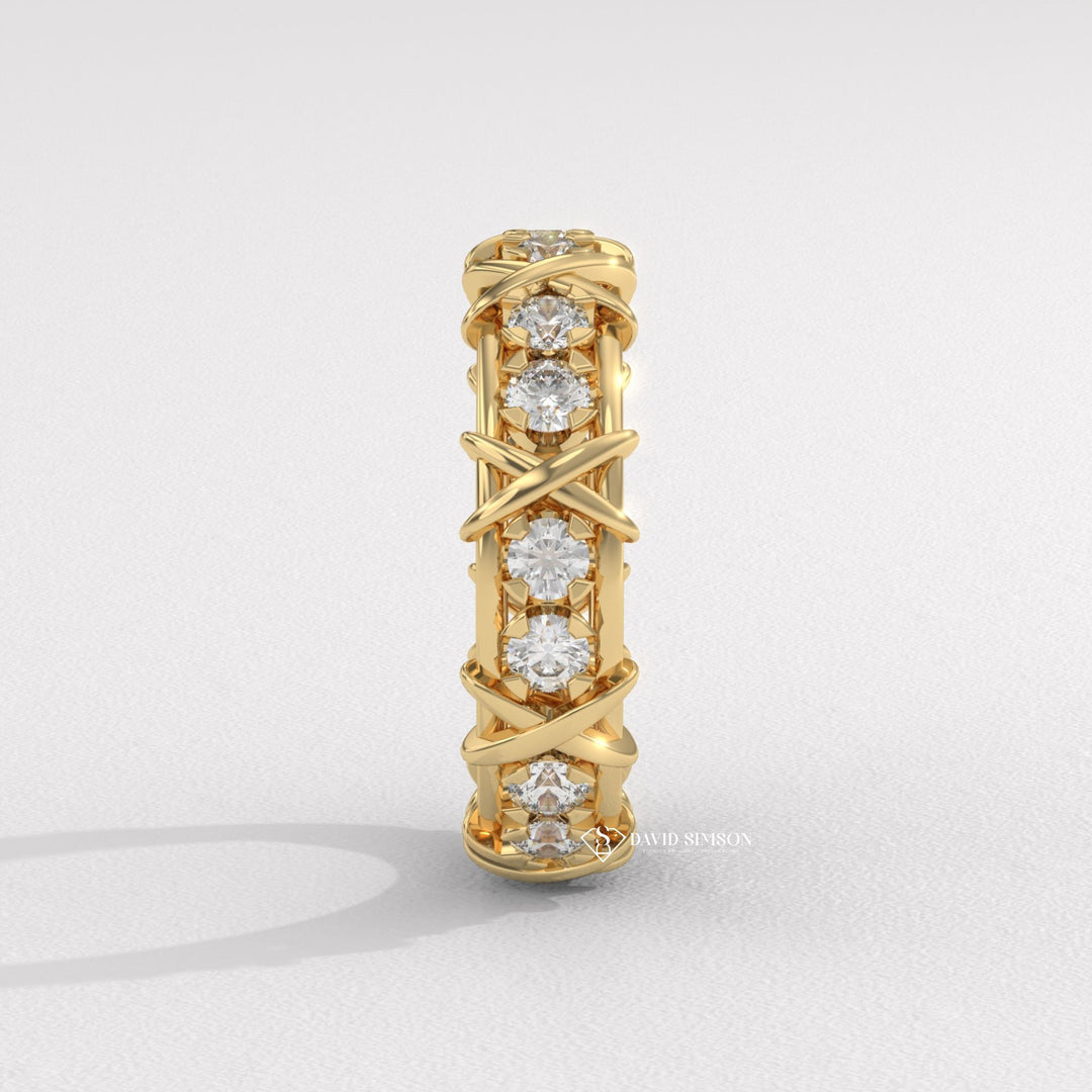 4.0mm Round Cut Moissanite Diamond Cross Style Wedding Band