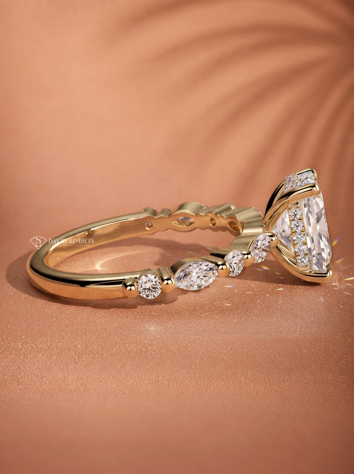 2.0CT to 3.0CT Elongated Cushion Lab Grown Diamond Accent Pave Hidden Halo Engagement Ring