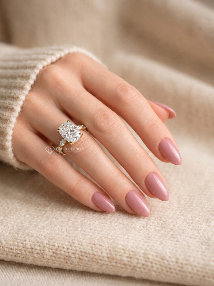 2.0CT to 3.0CT Elongated Cushion Lab Grown Diamond Accent Pave Hidden Halo Engagement Ring