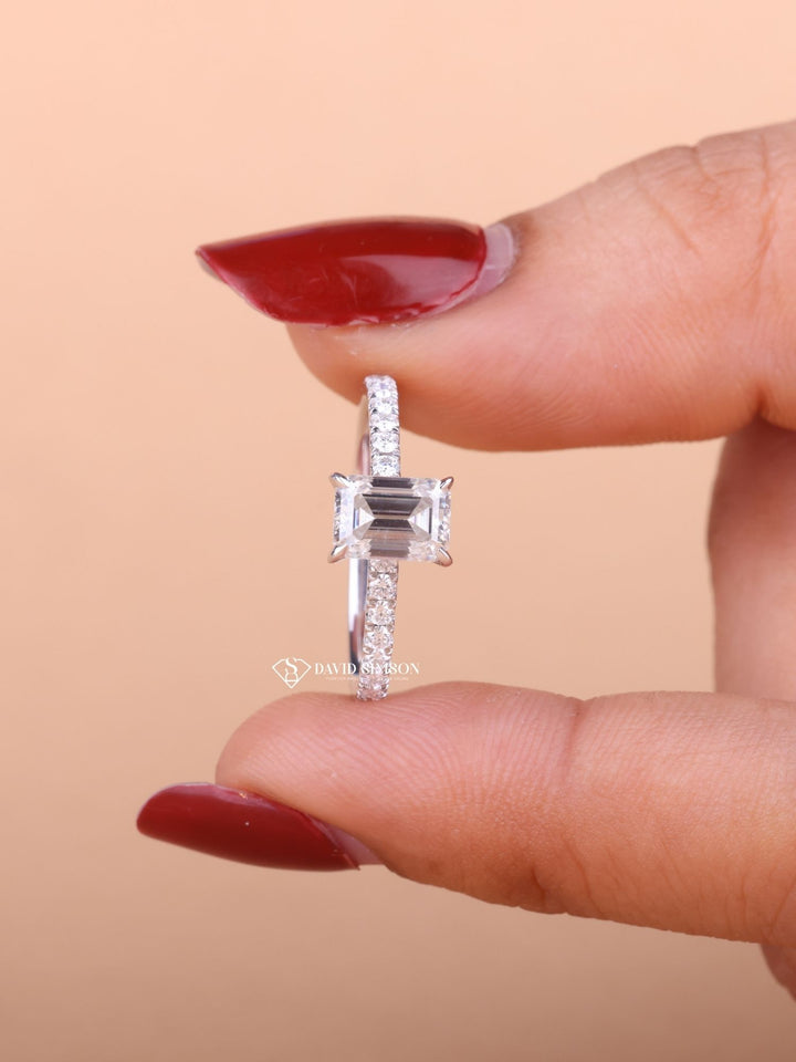 1.0CT-2.0CT Emerald Cut Moissanite Diamond Pave Engagement Ring