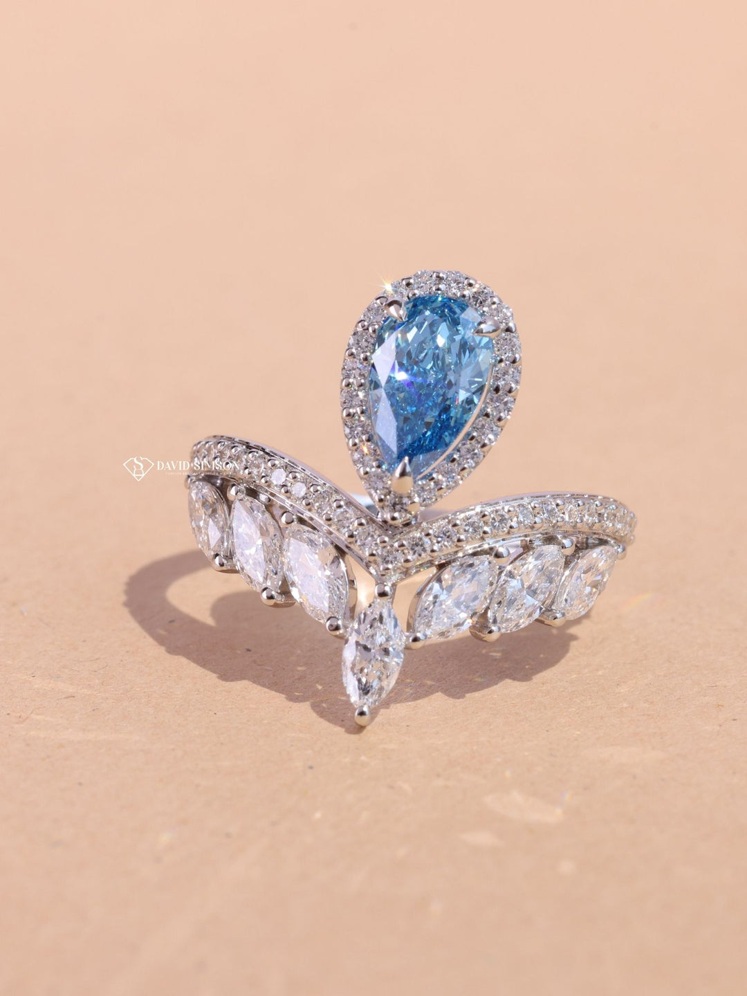 1.0CT-2.0CT Blue Pear Cut Diamond Chevron Engagement Ring