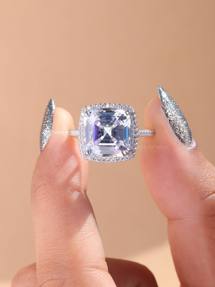 4.0CT-5.0CT Asscher Cut Moissanite Diamond Halo Engagement Ring