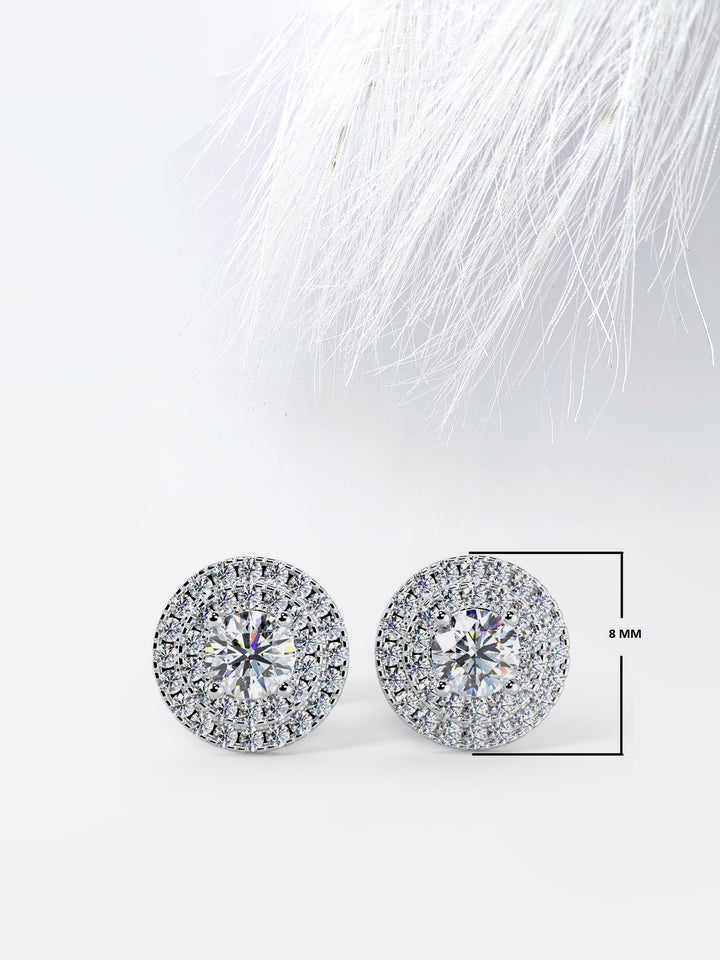 Round Cut Moissanite Double Halo Diamond Earrings in White Gold