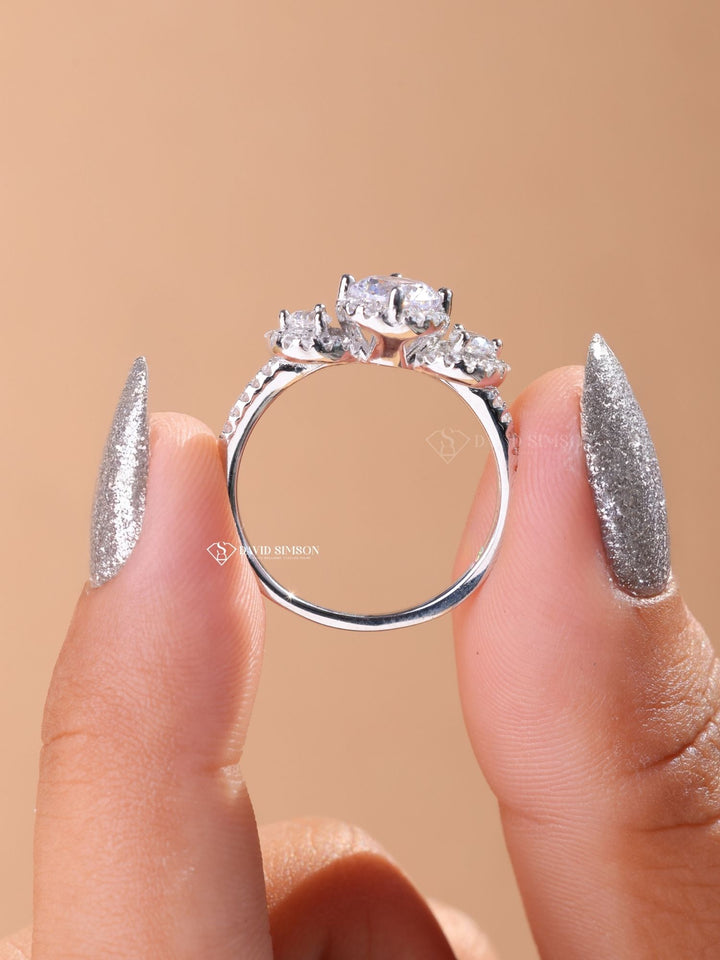 1.0CT-2.0CT Round Cut Moissanite Halo Diamond Three Stone Engagement Ring