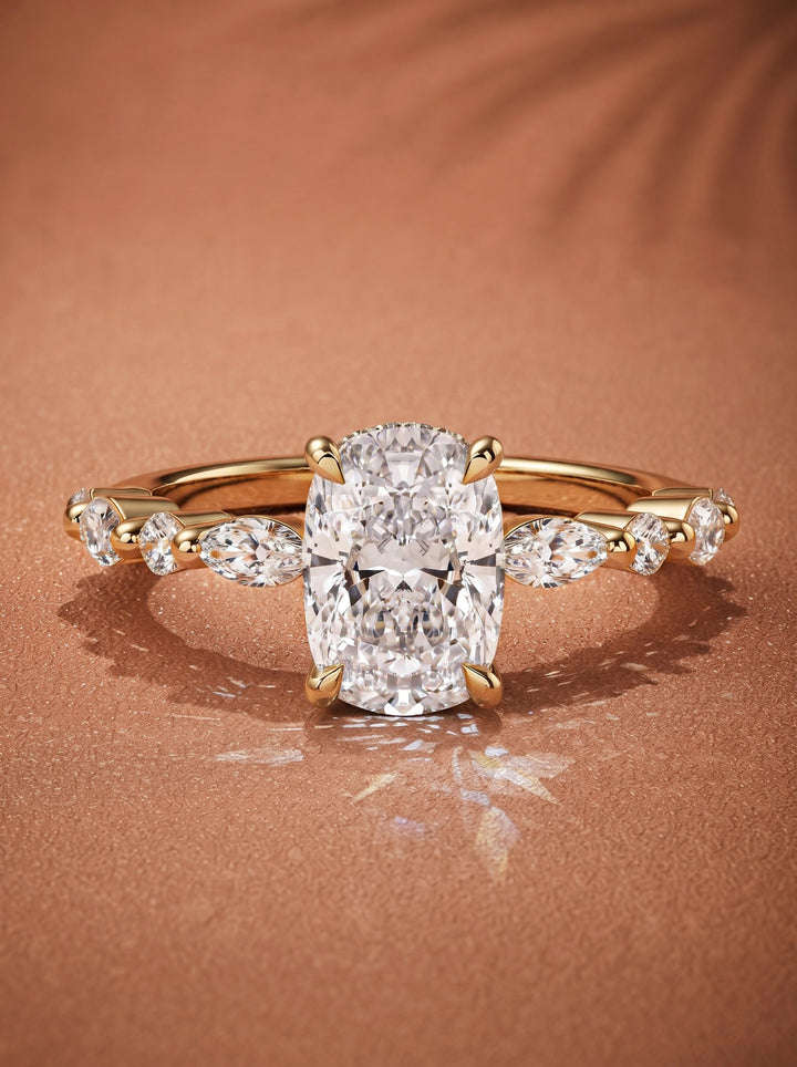 2.0CT to 3.0CT Elongated Cushion Lab Grown Diamond Accent Pave Hidden Halo Engagement Ring