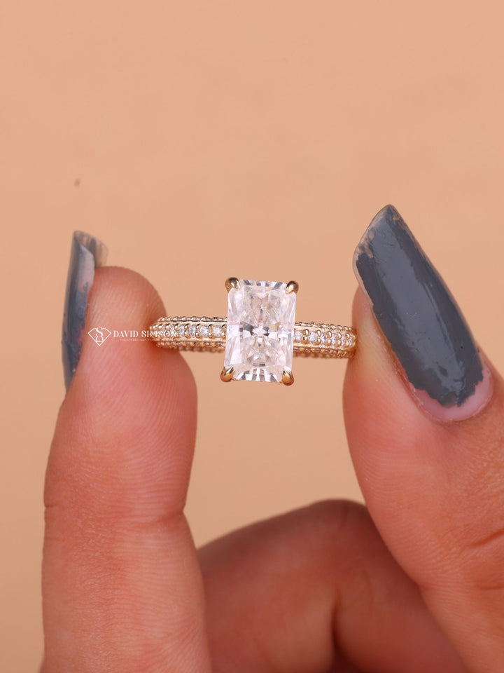 2.0CT-3.0CT Radiant Cut Moissanite Micro Pave Diamond Engagement Ring