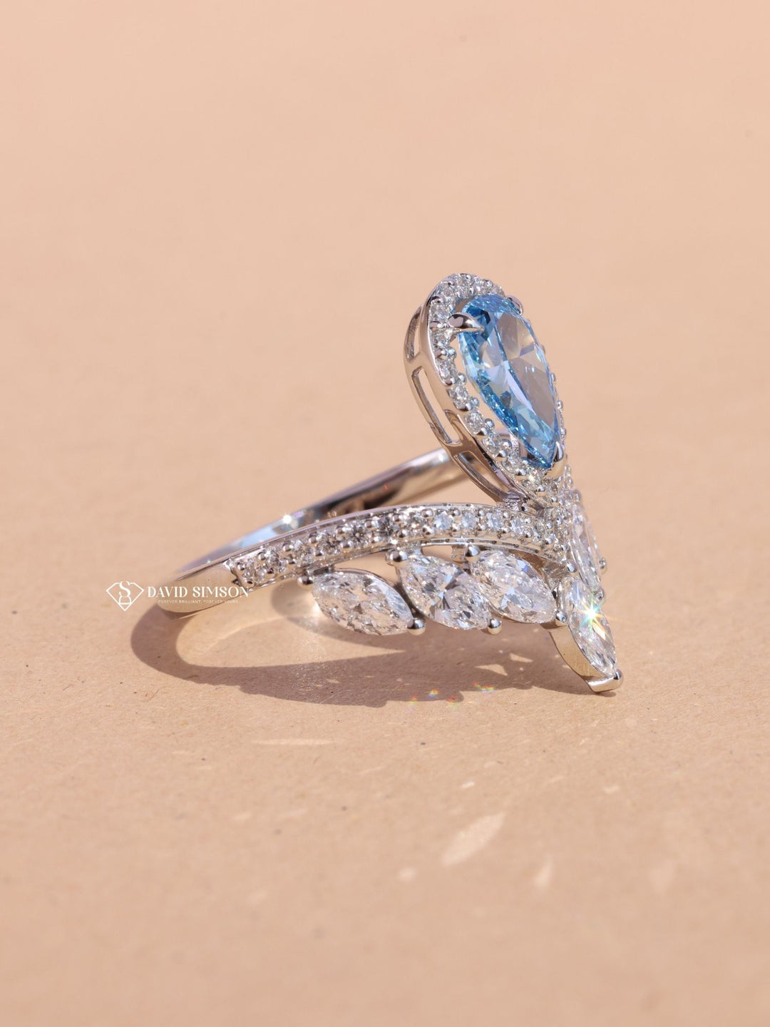 1.0CT-2.0CT Blue Pear Cut Diamond Chevron Engagement Ring