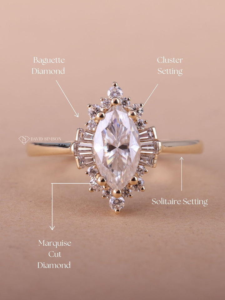 1.0CT-2.0CT Marquise Cut Moissanite Diamond Cluster Engagement Ring