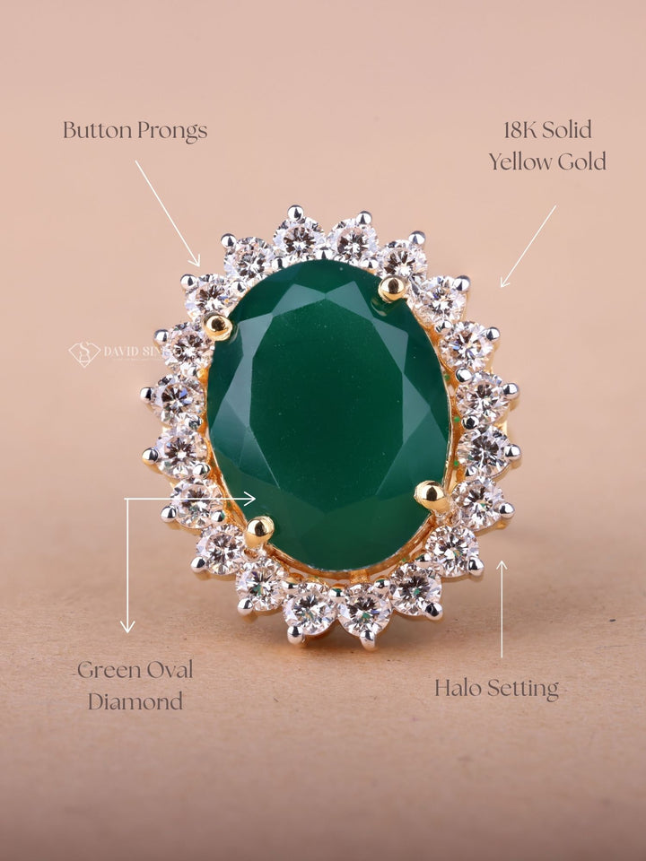 Green Oval Cut Moissanite Diamond Floral Halo Engagement Ring