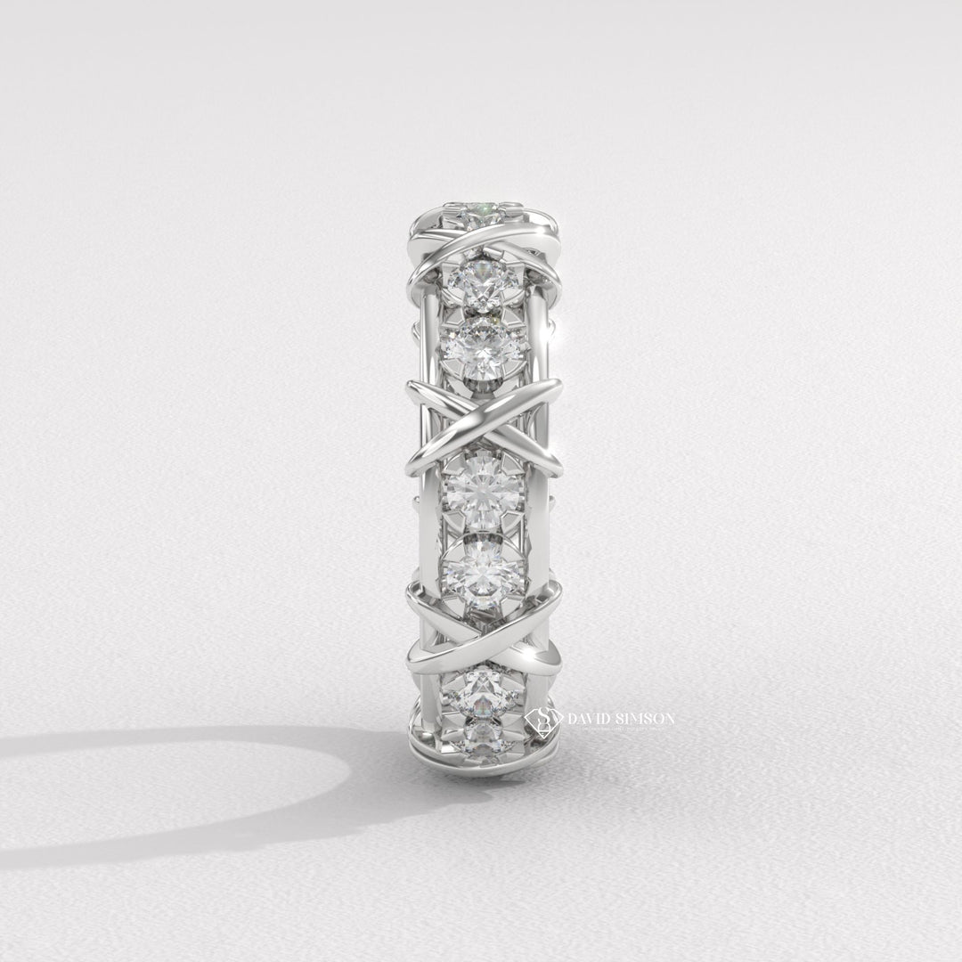 4.0mm Round Cut Moissanite Diamond Cross Style Wedding Band