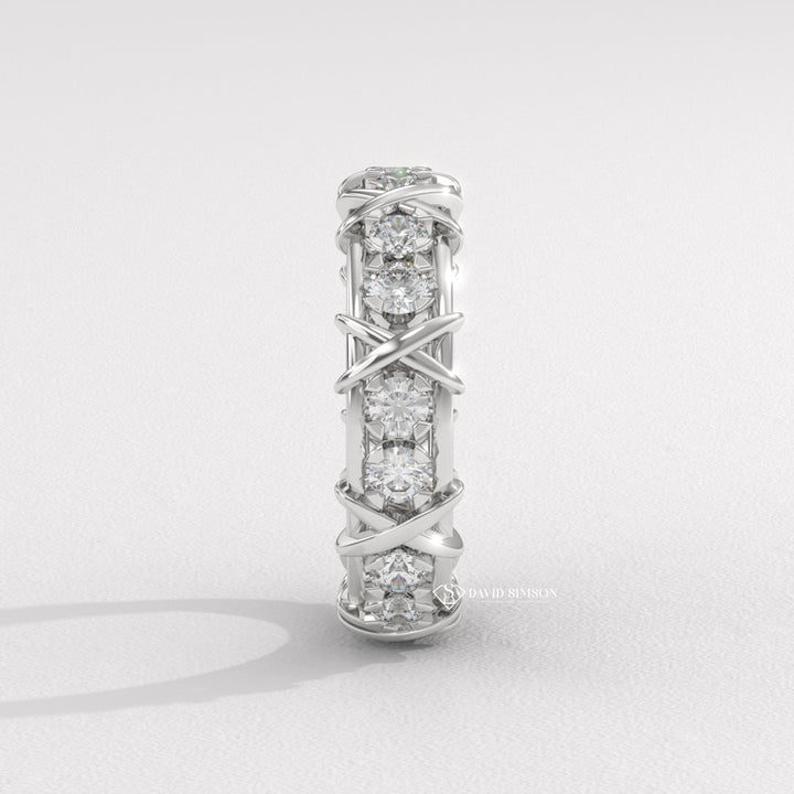 4.0mm Round Cut Moissanite Diamond Cross Style Wedding Band