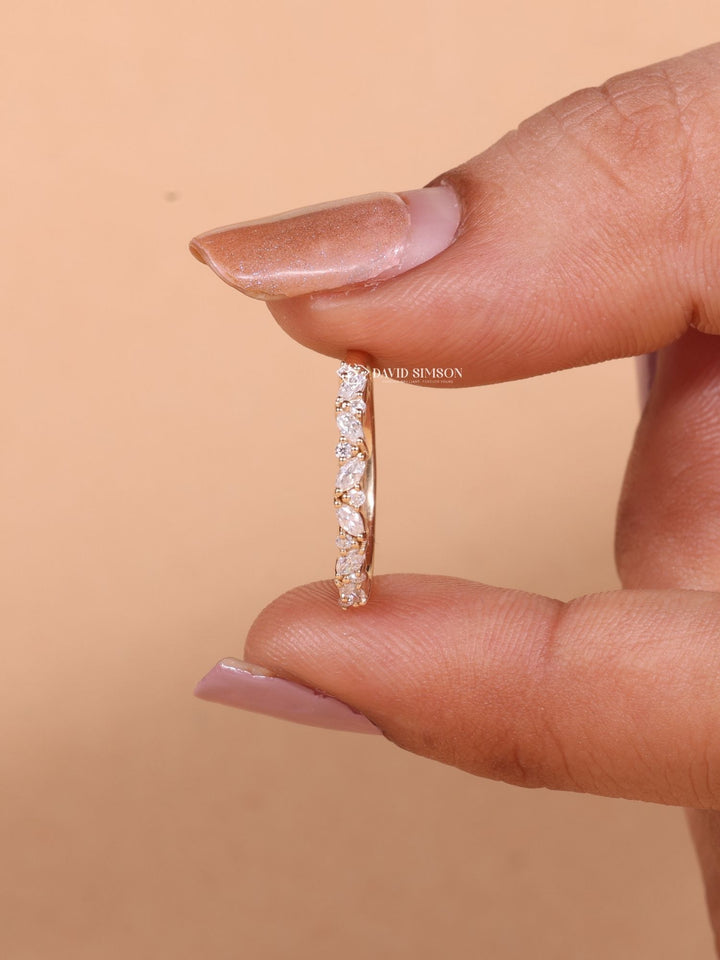 Round & Marquise Cut Moissanite Diamond Half Eternity Wedding Band