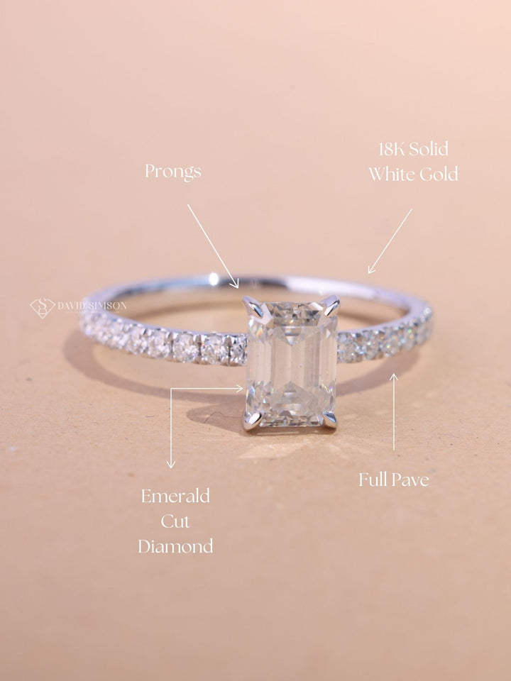 1.0CT-2.0CT Emerald Cut Moissanite Diamond Pave Engagement Ring
