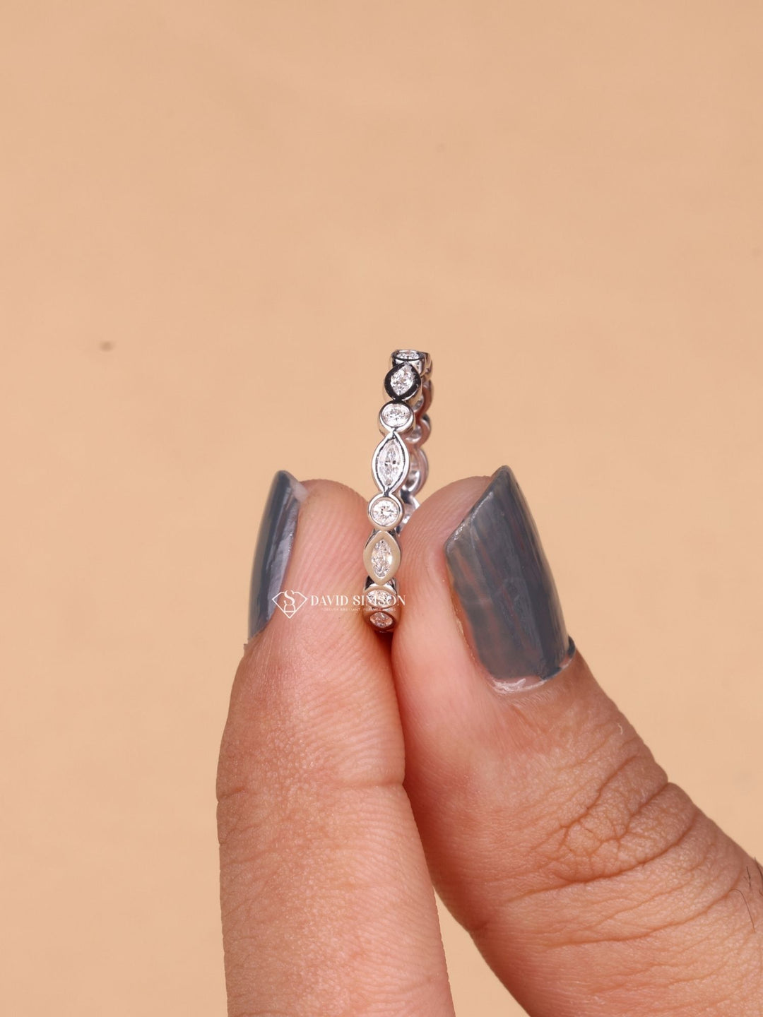 Round & Marquise Cut Moissanite Diamond Bezel Set Eternity Wedding Band