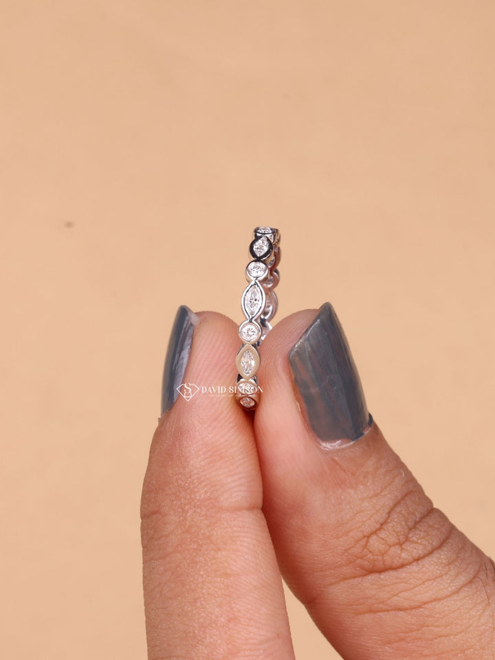 Round & Marquise Cut Moissanite Diamond Bezel Set Eternity Wedding Band