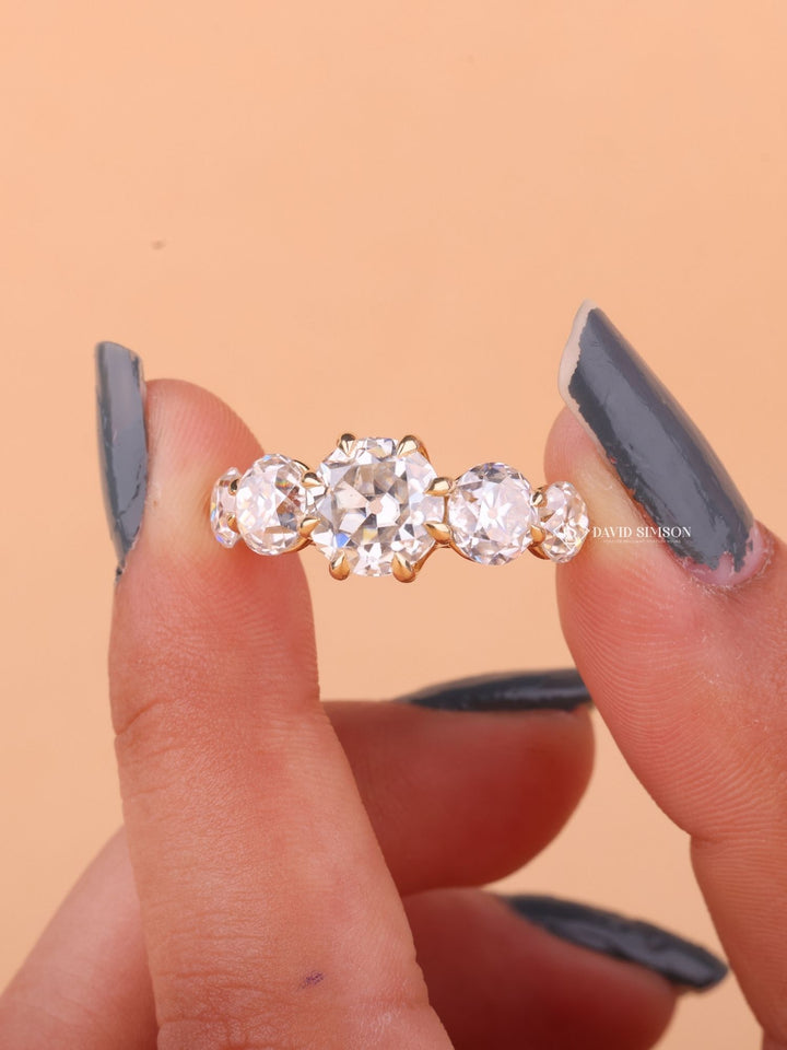 1.0CT-2.0CT Round Old Mine Cut Moissanite Diamond Five Stone Engagement Ring