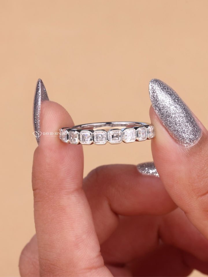 Bezel Set Asscher Cut Moissanite Diamond Half Eternity Wedding Band