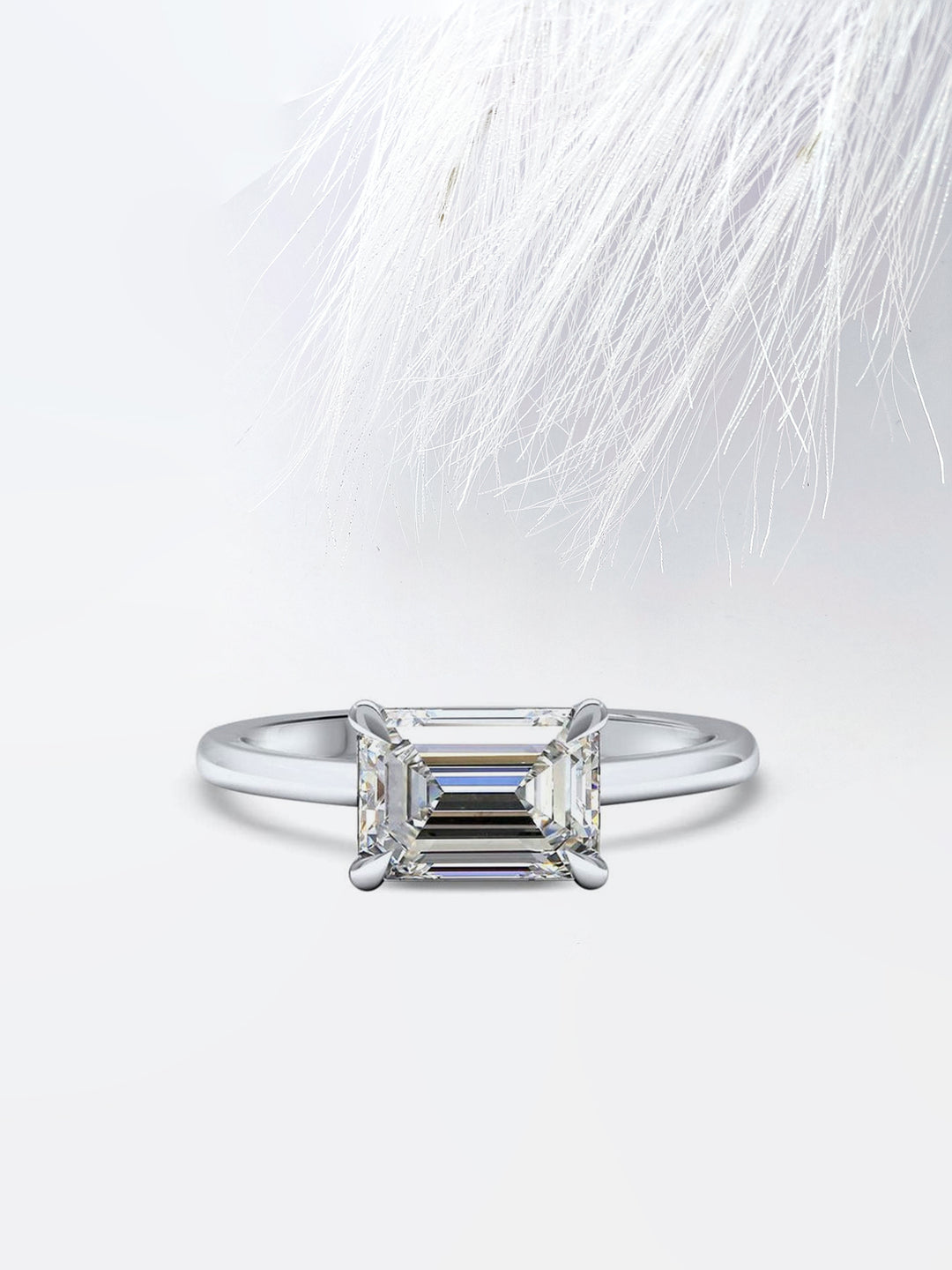 East West Emerald Cut Moissanite Solitaire Diamond Engagement Ring