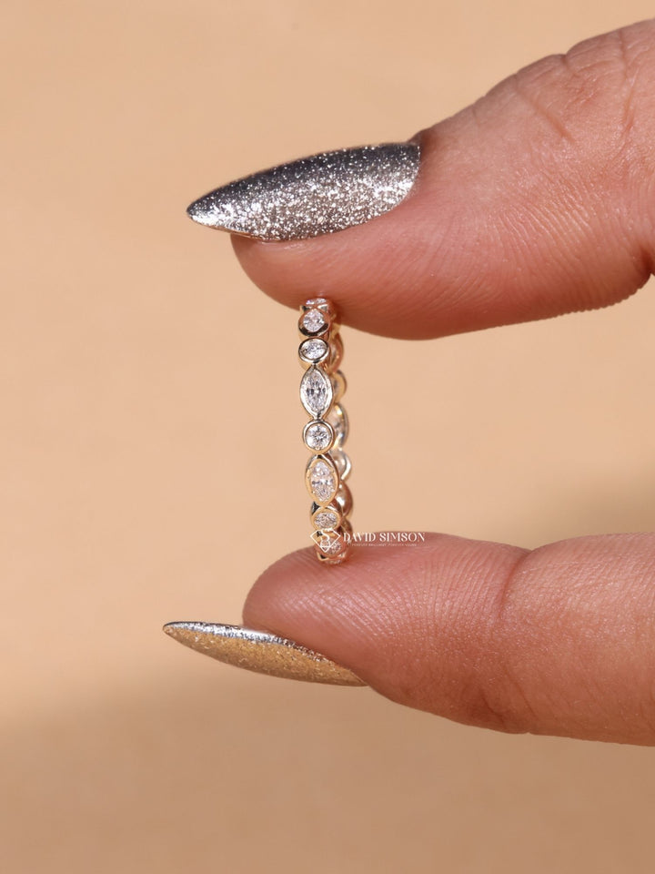 Round & Marquise Cut Moissanite Diamond Bezel Set Eternity Wedding Band