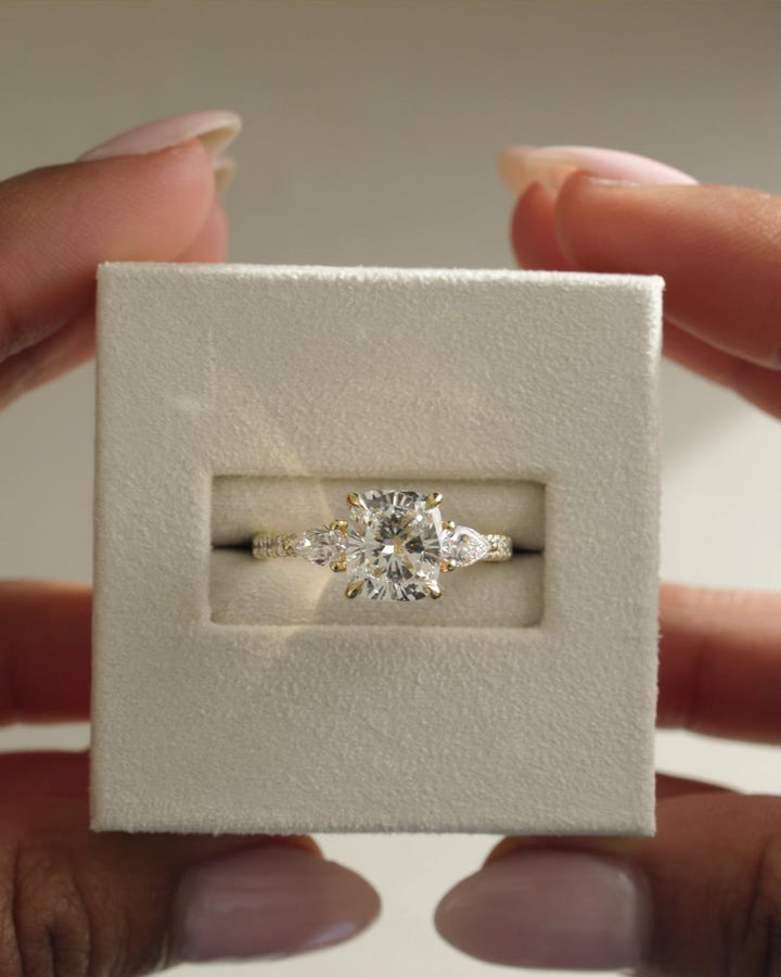 2.02 CT Elongated Cushion Cut Moissanite Three Stone &amp; Pave Engagement Ring