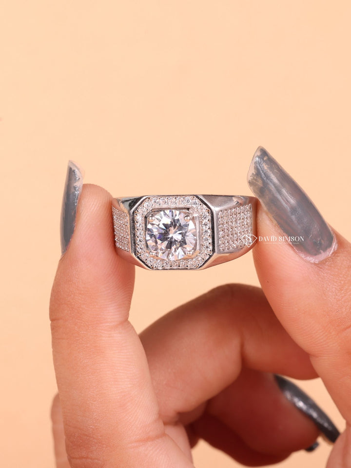 Round Cut Moissanite Diamond Halo Men's Wedding Ring