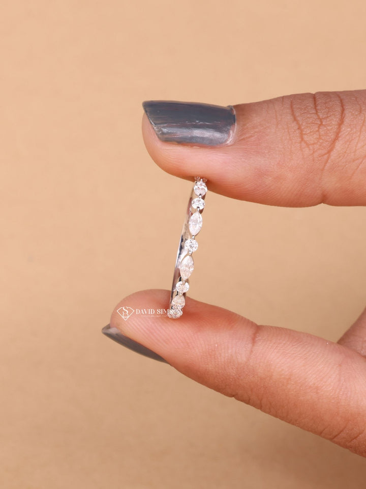 Round & Marquise Cut Moissanite Diamond Half Eternity Wedding Band