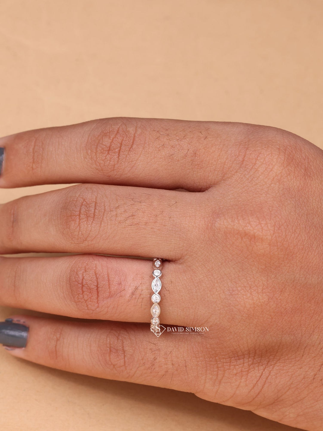 Round & Marquise Cut Moissanite Diamond Bezel Set Eternity Wedding Band