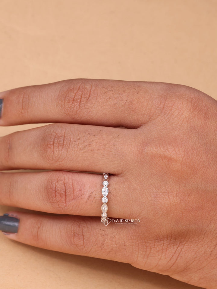 Round & Marquise Cut Moissanite Diamond Bezel Set Eternity Wedding Band