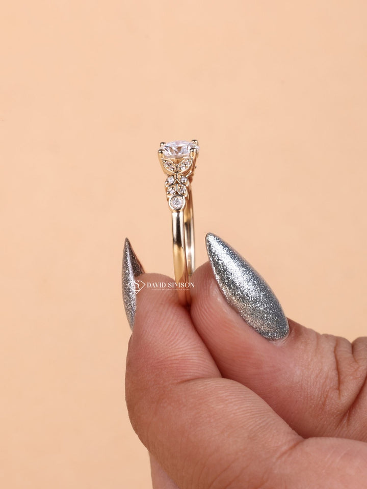 1.0CT-2.0CT Round Cut Moissanite Vintage Milgrain Pave Diamond Engagement Ring