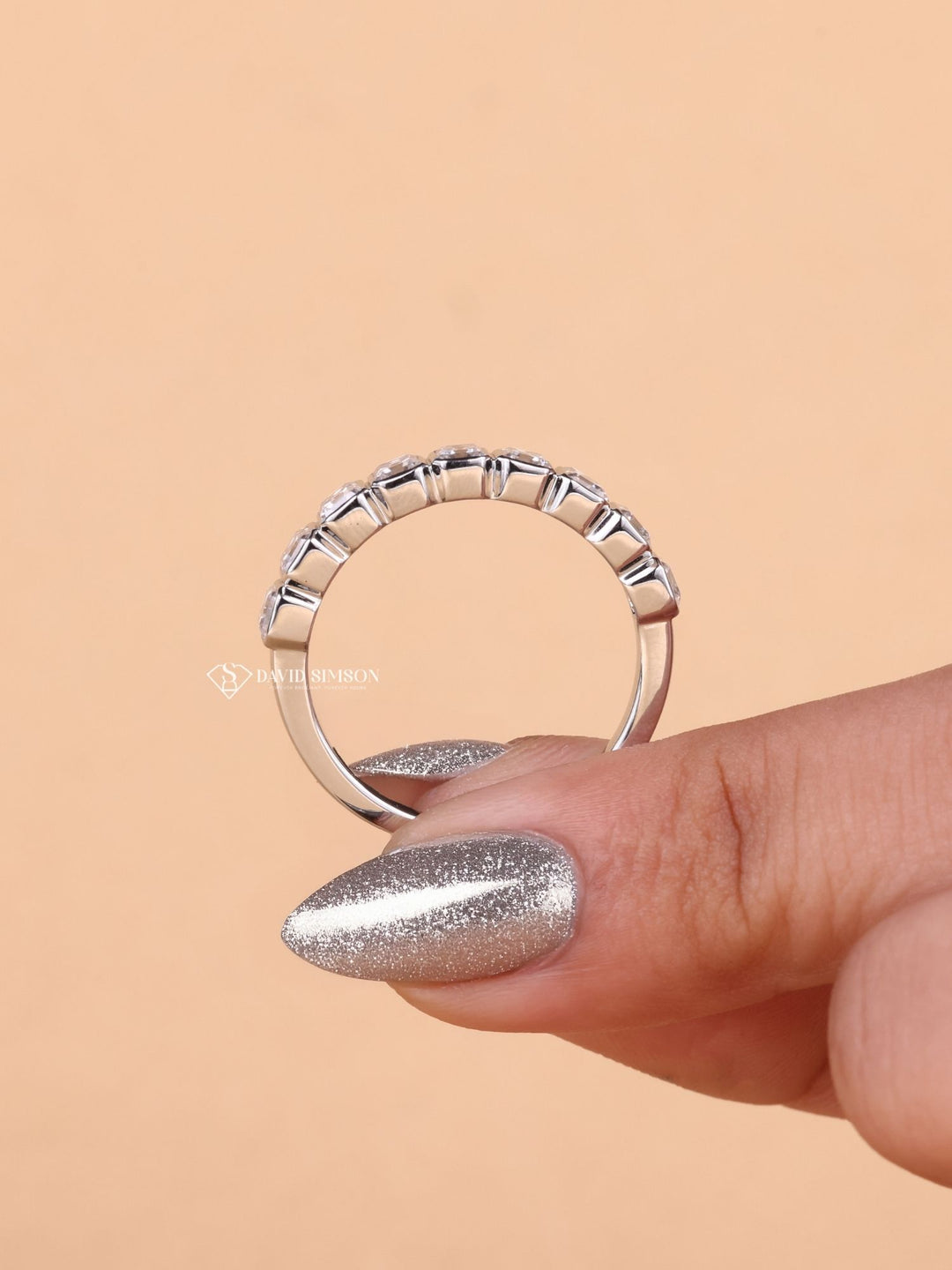 Bezel Set Asscher Cut Moissanite Diamond Half Eternity Wedding Band