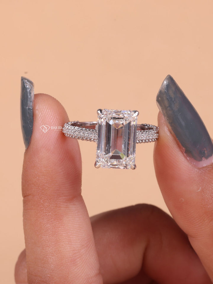 4.0CT-6.0CT Emerald Cut Moissanite Hidden Halo Diamond Pave Engagement Ring