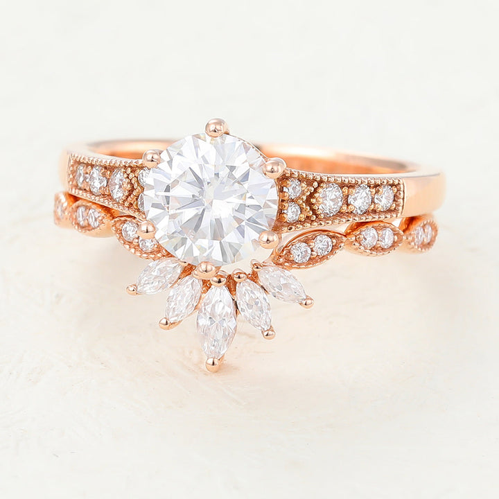 round-moissanite-milgrain-bridal-ring-set