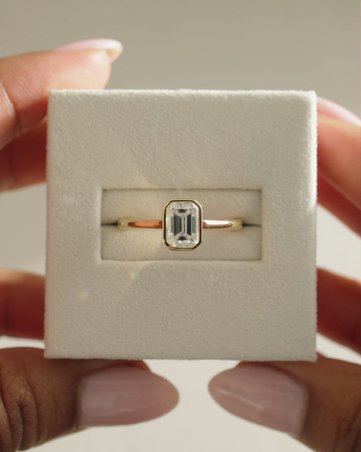 1.0 CT Emerald Cut Moissanite Bezel Solitaire Engagement Ring