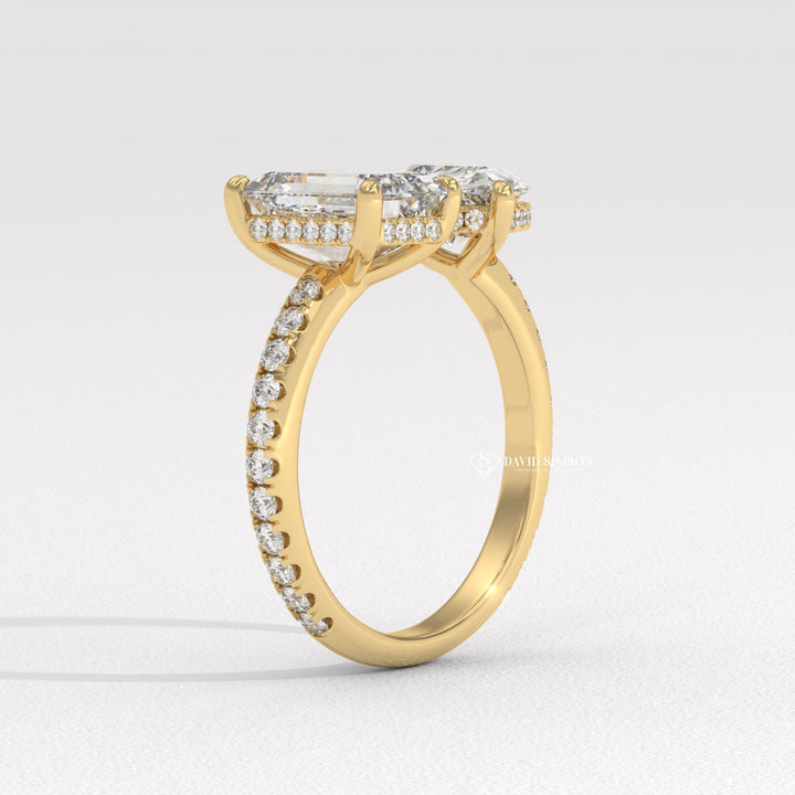 2.0CT Pear &amp; Emerald Cut Moissanite Hidden Halo Diamond Two Stone Engagement Ring