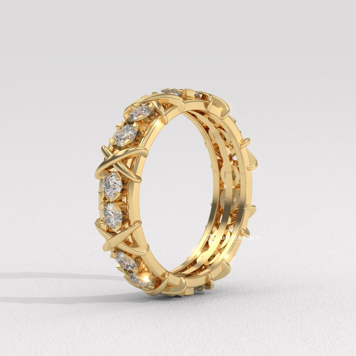 4.0mm Round Cut Moissanite Diamond Cross Style Wedding Band