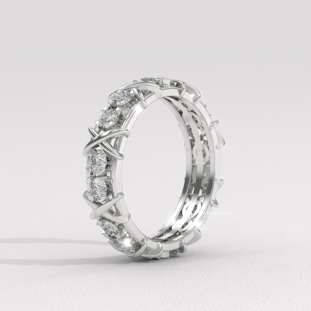 4.0mm Round Cut Moissanite Diamond Cross Style Wedding Band